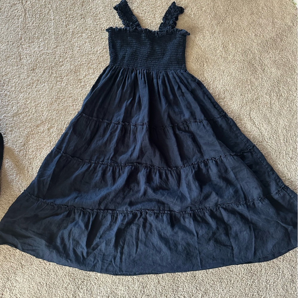 Quince Navy Tiered Midi Dress